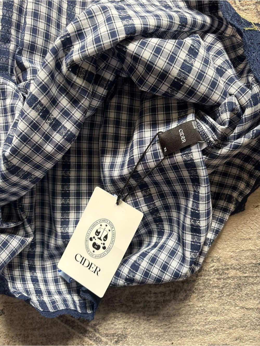 Cider COTTON-BLEND GINGHAM LACE TRIM TIERED SHIRRED MAXI DRESS navy blue XL NEW - Picture 12 of 13